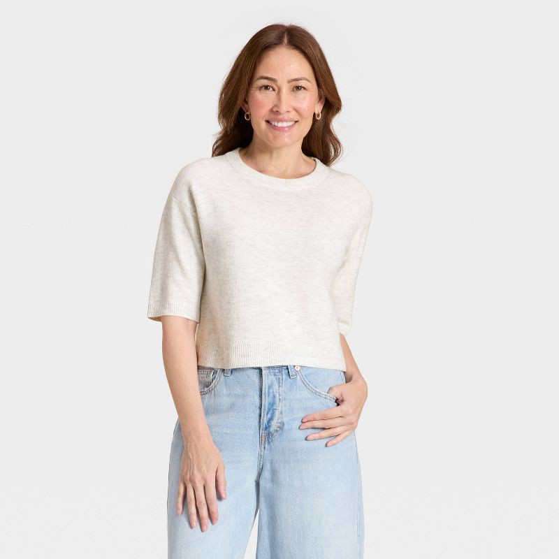 slide 1 of 3, Women's Elbow Sleeve Cozy Knit Crewneck Pullover Sweater - Universal Thread™ Light Gray XL, 1 ct