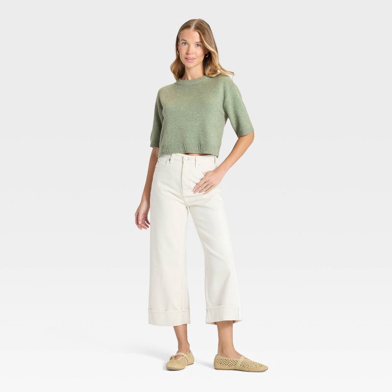 slide 3 of 3, Women's Elbow Sleeve Cozy Knit Crewneck Pullover Sweater - Universal Thread™ Heather Green XS, 1 ct