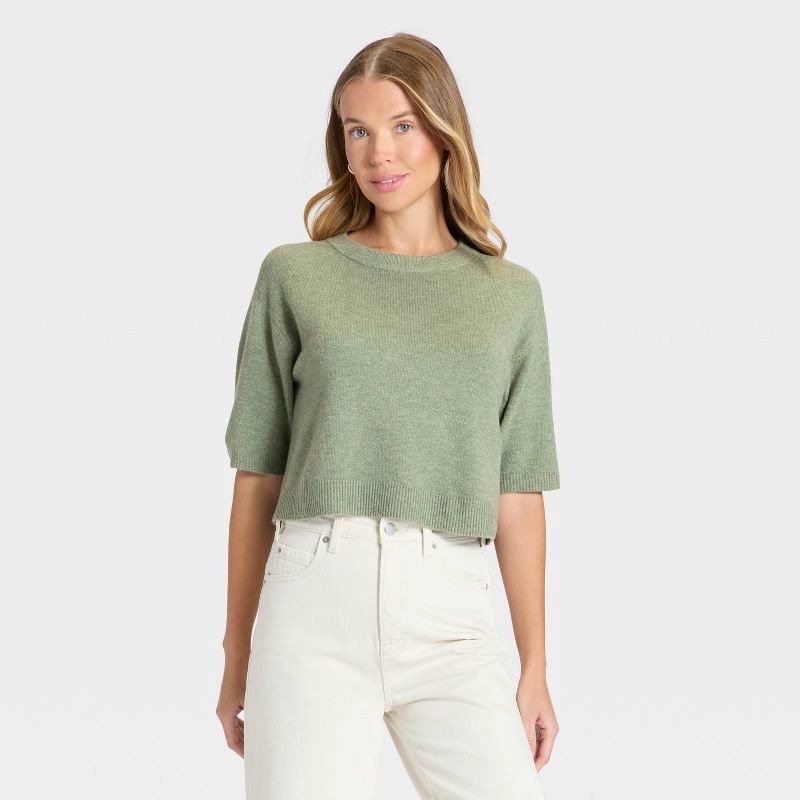 slide 1 of 3, Women's Elbow Sleeve Cozy Knit Crewneck Pullover Sweater - Universal Thread™ Heather Green XS, 1 ct