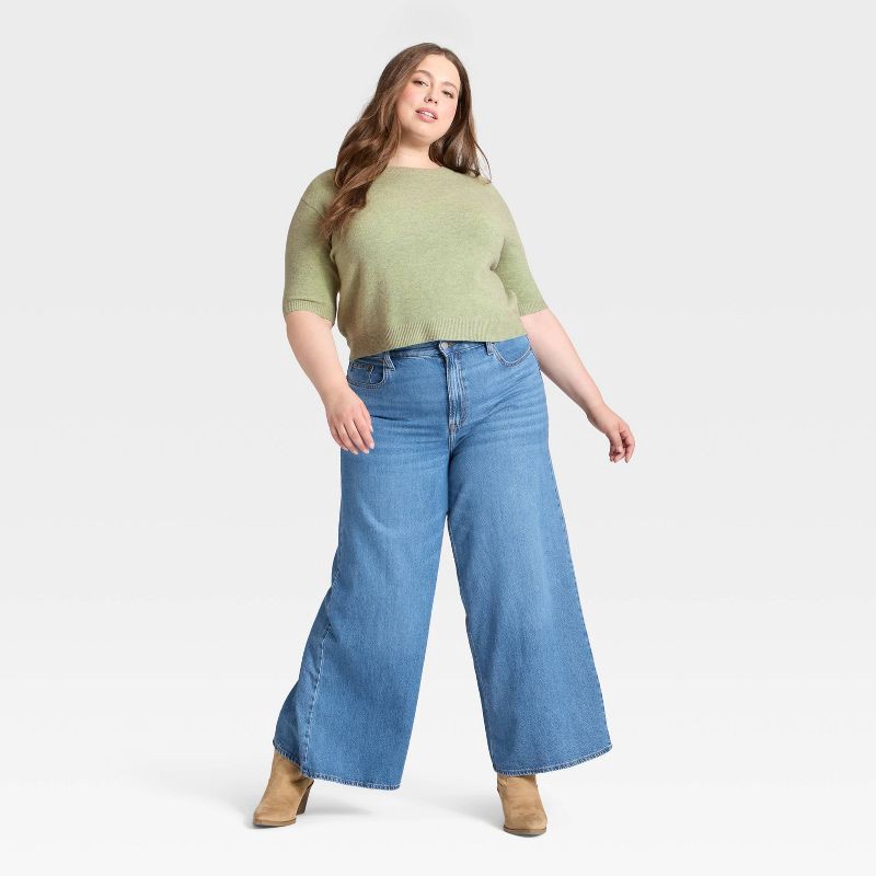 slide 3 of 3, Women's Elbow Sleeve Cozy Knit Crewneck Pullover Sweater - Universal Thread™ Heather Green XXL, 1 ct