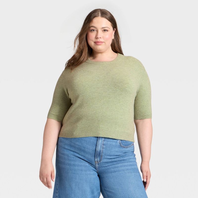 slide 1 of 3, Women's Elbow Sleeve Cozy Knit Crewneck Pullover Sweater - Universal Thread™ Heather Green XXL, 1 ct