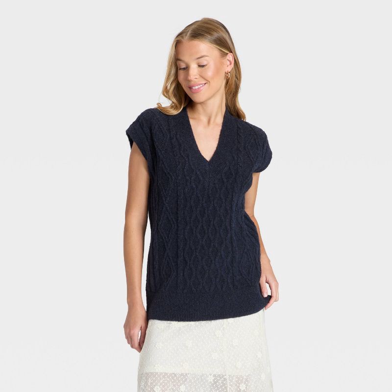 slide 1 of 3, Women's Cable Sweater Vest - Universal Thread™ Navy Blue M, 1 ct