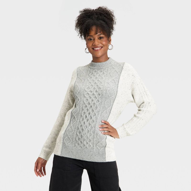 slide 1 of 3, Women's Cozy Knit Cable Crewneck Pullover Sweater - Universal Thread™ Cream/Gray L, 1 ct