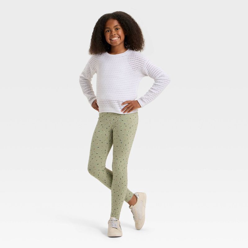slide 3 of 3, Girls' 'Floral' Leggings - Cat & Jack™ Light Olive XL, 1 ct