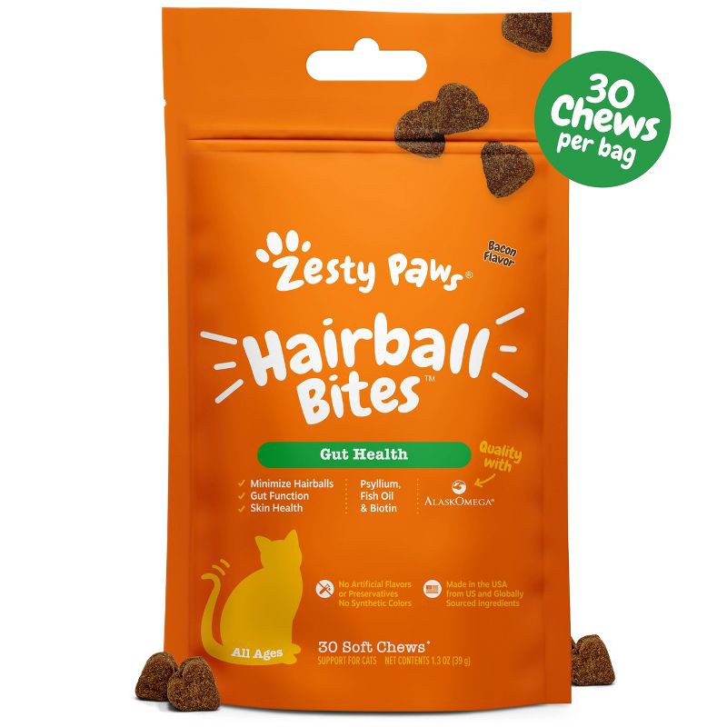 slide 3 of 13, Zesty Paws Bacon Flavor Hairball Bites Cat Treats - 30ct, 30 ct