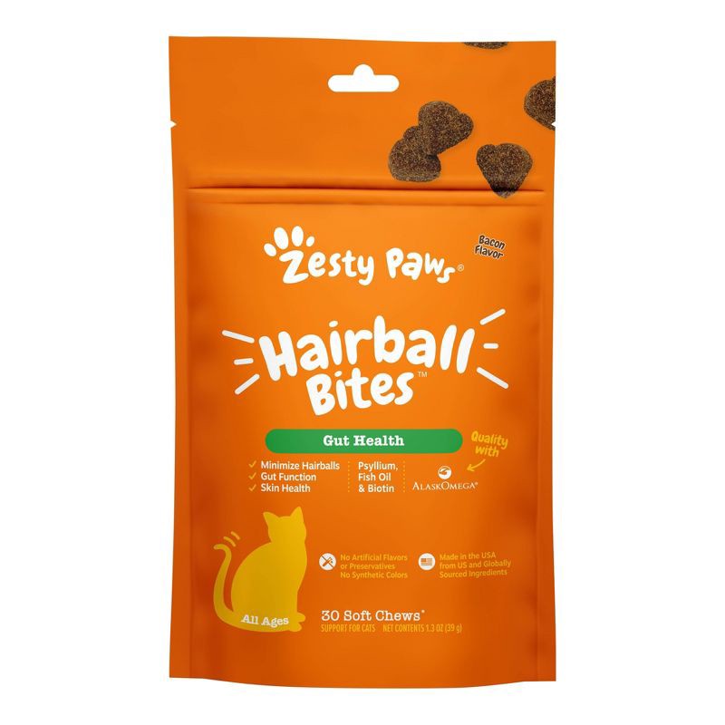 slide 1 of 13, Zesty Paws Bacon Flavor Hairball Bites Cat Treats - 30ct, 30 ct