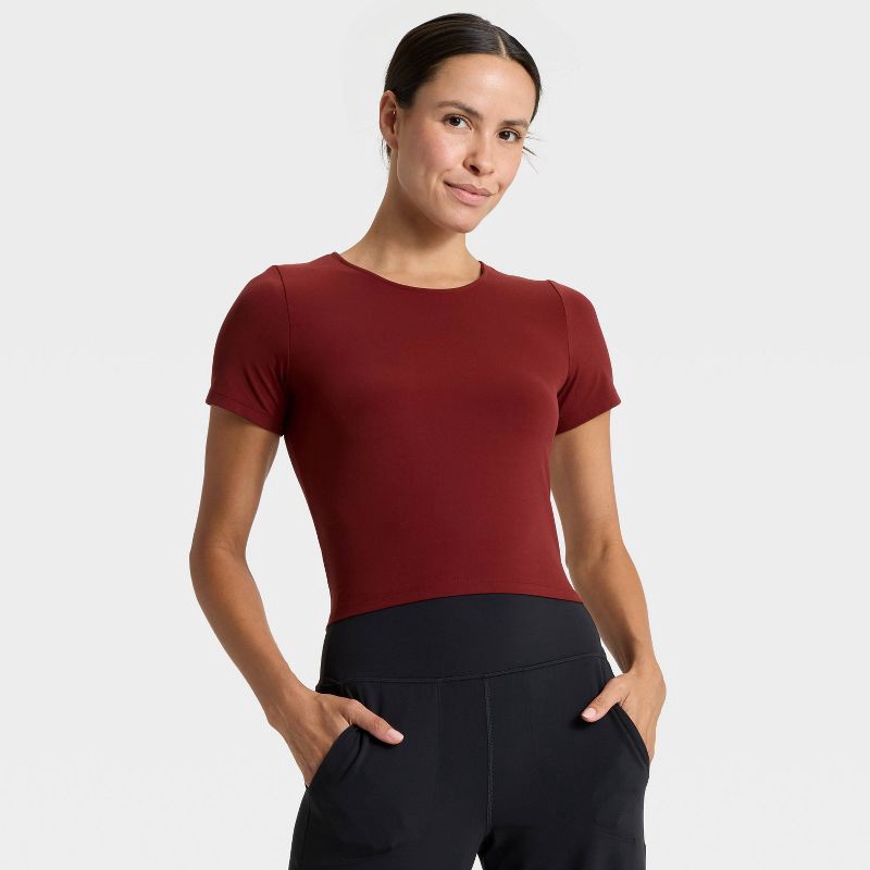 slide 3 of 5, Women's Everyday Soft Cropped Short Sleeve T-Shirt - All In Motion™ Maroon XL, 1 ct