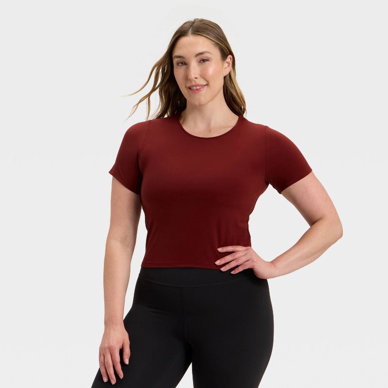 slide 4 of 5, Women's Everyday Soft Cropped Short Sleeve T-Shirt - All In Motion™ Maroon XL, 1 ct