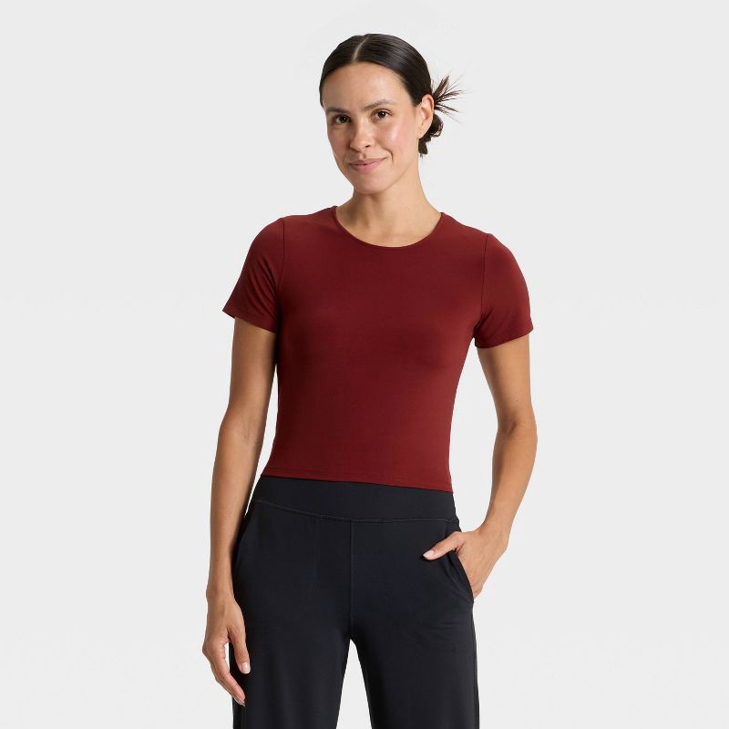 slide 1 of 5, Women's Everyday Soft Cropped Short Sleeve T-Shirt - All In Motion™ Maroon XL, 1 ct