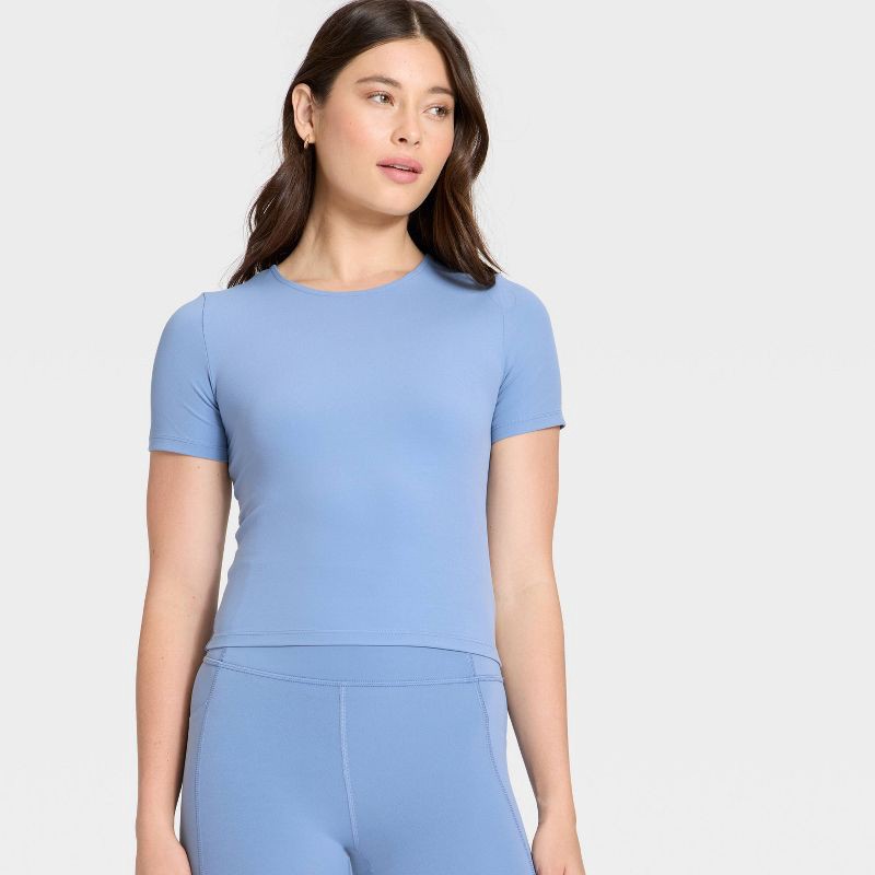 slide 3 of 5, Women's Everyday Soft Cropped Short Sleeve T-Shirt - All In Motion™ Slate Blue M, 1 ct