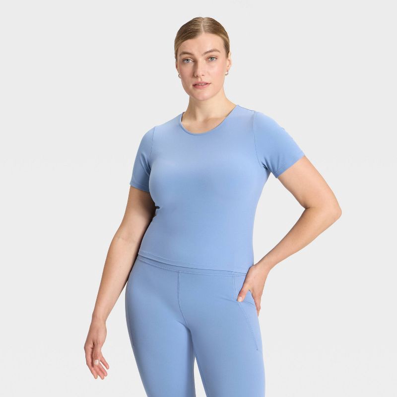 slide 4 of 5, Women's Everyday Soft Cropped Short Sleeve T-Shirt - All In Motion™ Slate Blue M, 1 ct