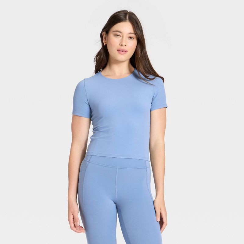 slide 1 of 5, Women's Everyday Soft Cropped Short Sleeve T-Shirt - All In Motion™ Slate Blue M, 1 ct