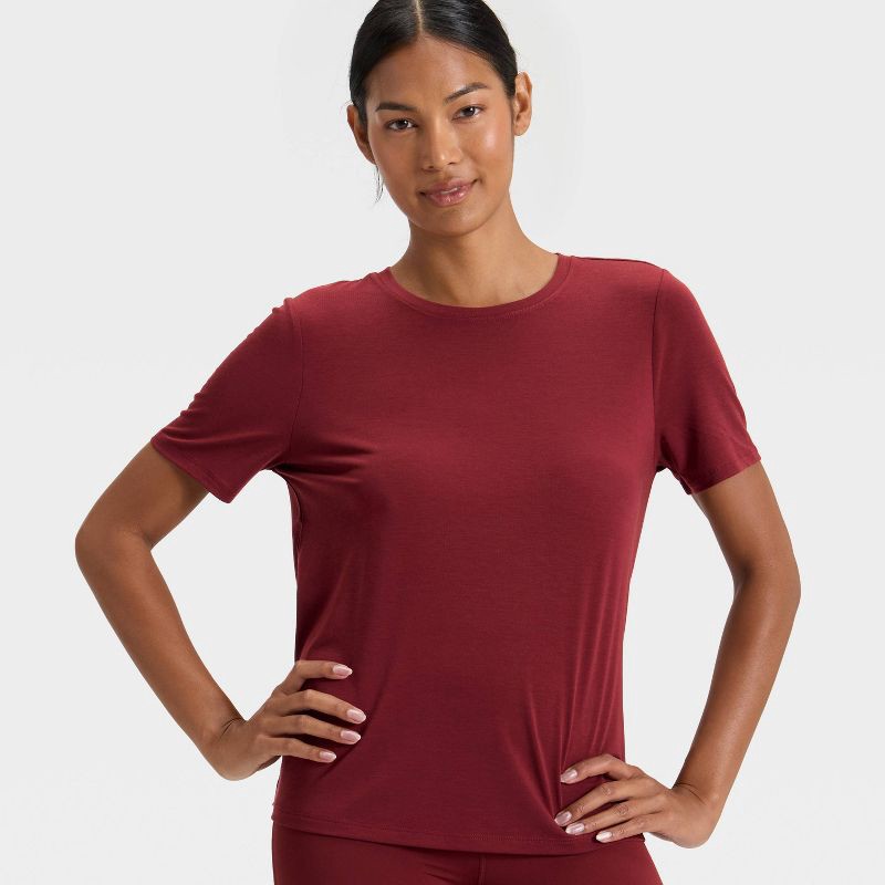 slide 2 of 5, Women's Crewneck Leggings Friendly Short Sleeve T-Shirt - All In Motion™ Maroon M, 1 ct