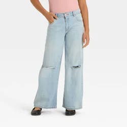 Girls' Mid-Rise Loose Slouchy Wide Leg Deconstructed Jeans - art class™ Blue 14