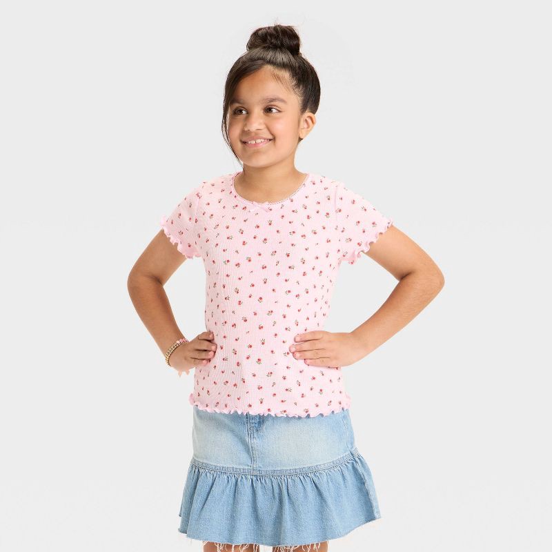 slide 1 of 3, Girls' Short Sleeve Fitted Floral Pointelle T-Shirt - Cat & Jack™ Light Pink S, 1 ct