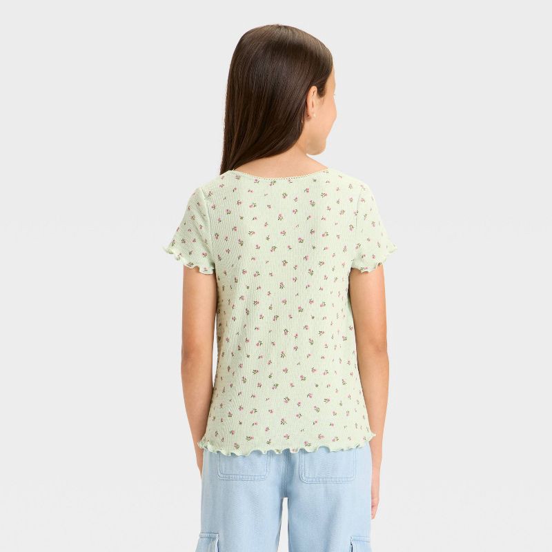 slide 3 of 3, Girls' Short Sleeve Fitted Floral Pointelle T-Shirt - Cat & Jack™ Light Sage Green S, 1 ct