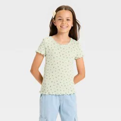 Girls' Short Sleeve Fitted Floral Pointelle T-Shirt - Cat & Jack™ Light Sage Green S