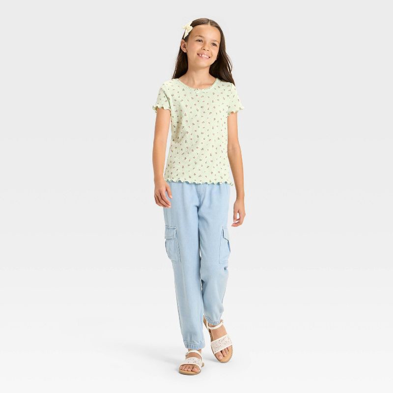 slide 2 of 3, Girls' Short Sleeve Fitted Floral Pointelle T-Shirt - Cat & Jack™ Light Sage Green M, 1 ct
