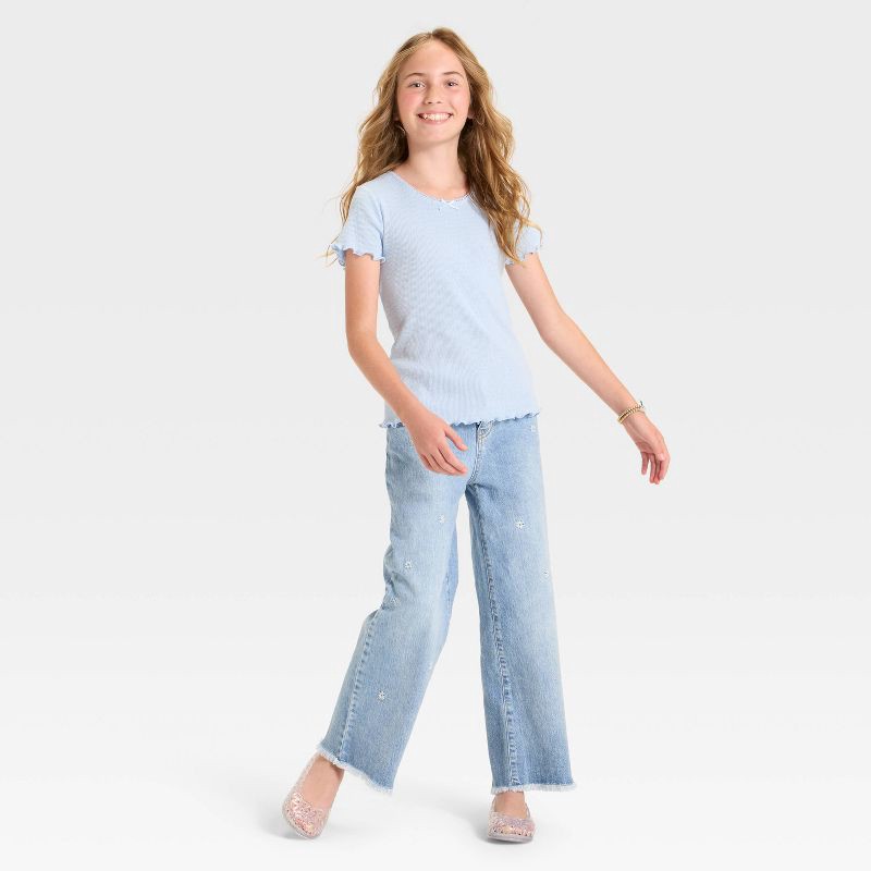 slide 3 of 3, Girls' Short Sleeve Fitted Pointelle T-Shirt - Cat & Jack™ Light Blue XL, 1 ct