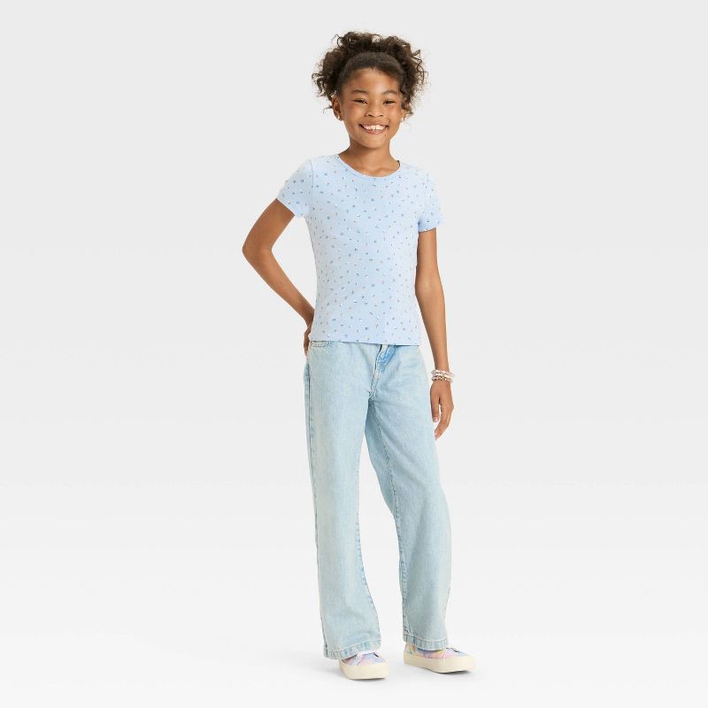 slide 3 of 3, Girls' Short Sleeve Fitted Floral T-Shirt - Cat & Jack™ Light Blue L, 1 ct