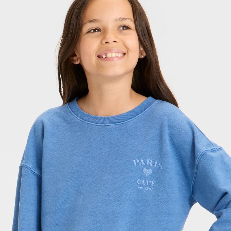 slide 4 of 4, Girls' Relaxed Fit 'Paris' French Terry Pullover Shirt - Cat & Jack™ Steel Blue XL, 1 ct