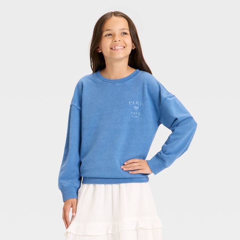 slide 1 of 4, Girls' Relaxed Fit 'Paris' French Terry Pullover Shirt - Cat & Jack™ Steel Blue XL, 1 ct