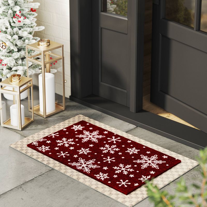 slide 2 of 4, Christmas Snowflakes Flocked Doormat Red - Wondershop™, 1 ct