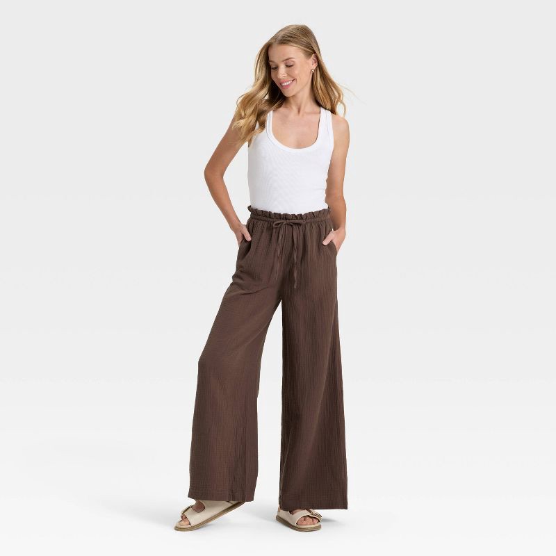 slide 3 of 3, Women's High-Rise Wide Leg Pull-On Pants - Universal Thread™ Brown S, 1 ct