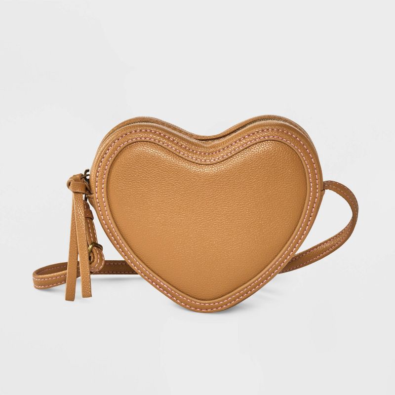 slide 1 of 4, Girls' Heart Shaped Crossbody Bag - Cat & Jack™ Brown, 1 ct