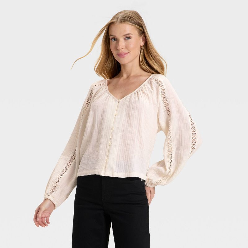 slide 1 of 3, Women's Balloon Long Sleeve Lace Blouse - Universal Thread™ Cream L, 1 ct
