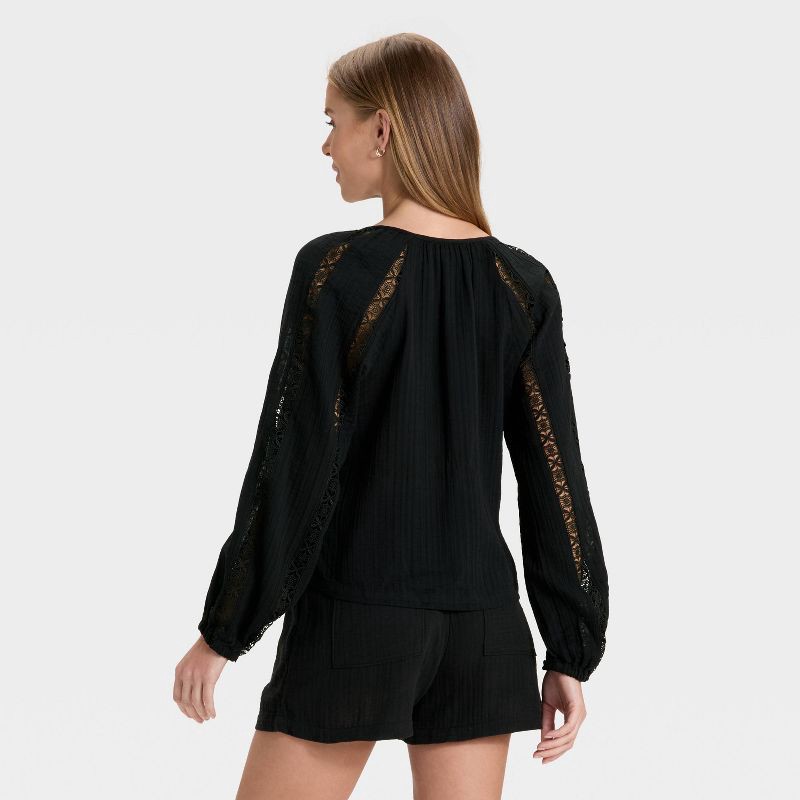 slide 3 of 3, Women's Balloon Long Sleeve Lace Blouse - Universal Thread™ Black S, 1 ct
