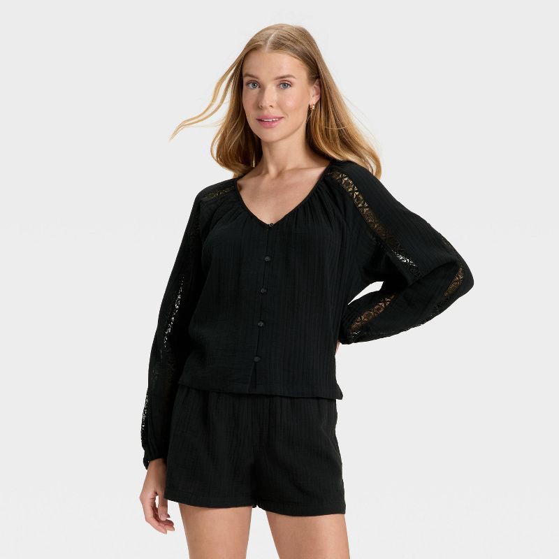 slide 1 of 3, Women's Balloon Long Sleeve Lace Blouse - Universal Thread™ Black S, 1 ct