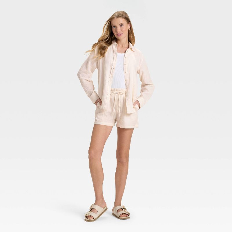 slide 3 of 3, Women's Long Sleeve Gauze Collared Button-Down Shirt - Universal Thread™ Cream S, 1 ct