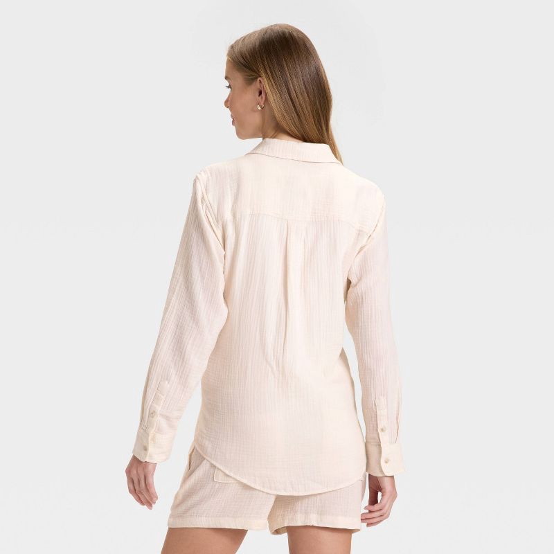 slide 2 of 3, Women's Long Sleeve Gauze Collared Button-Down Shirt - Universal Thread™ Cream M, 1 ct