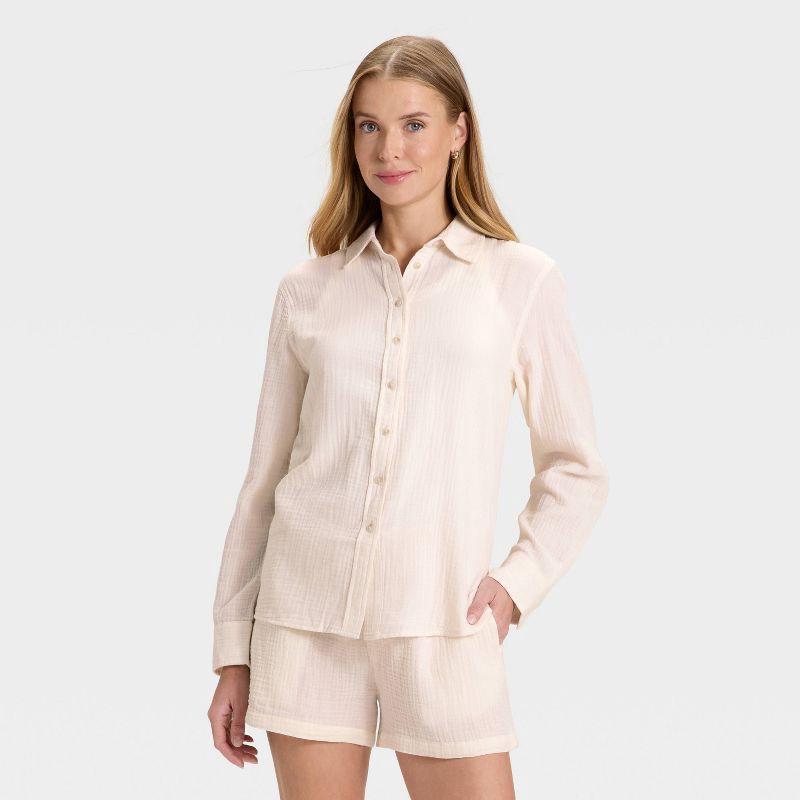 slide 1 of 3, Women's Long Sleeve Gauze Collared Button-Down Shirt - Universal Thread™ Cream M, 1 ct