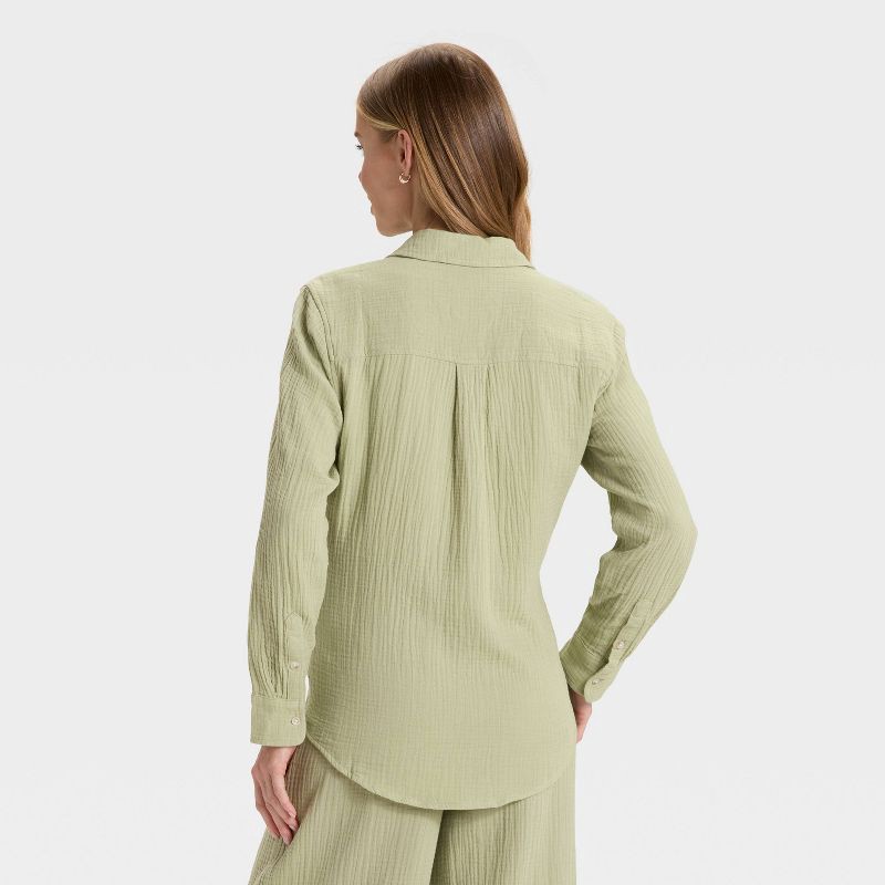 slide 2 of 3, Women's Long Sleeve Gauze Collared Button-Down Shirt - Universal Thread™ Olive Green XL, 1 ct