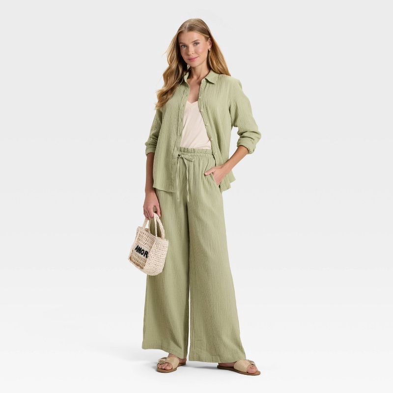 slide 3 of 3, Women's Long Sleeve Gauze Collared Button-Down Shirt - Universal Thread™ Olive Green XL, 1 ct