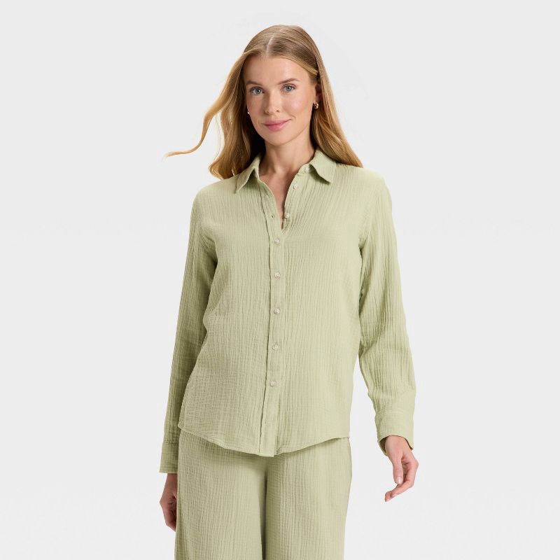 slide 1 of 3, Women's Long Sleeve Gauze Collared Button-Down Shirt - Universal Thread™ Olive Green XL, 1 ct