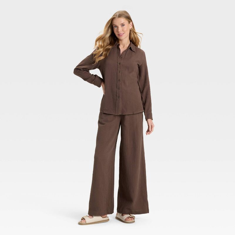 slide 2 of 3, Women's Long Sleeve Gauze Collared Button-Down Shirt - Universal Thread™ Brown S, 1 ct