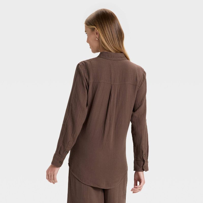 slide 2 of 3, Women's Long Sleeve Gauze Collared Button-Down Shirt - Universal Thread™ Brown M, 1 ct