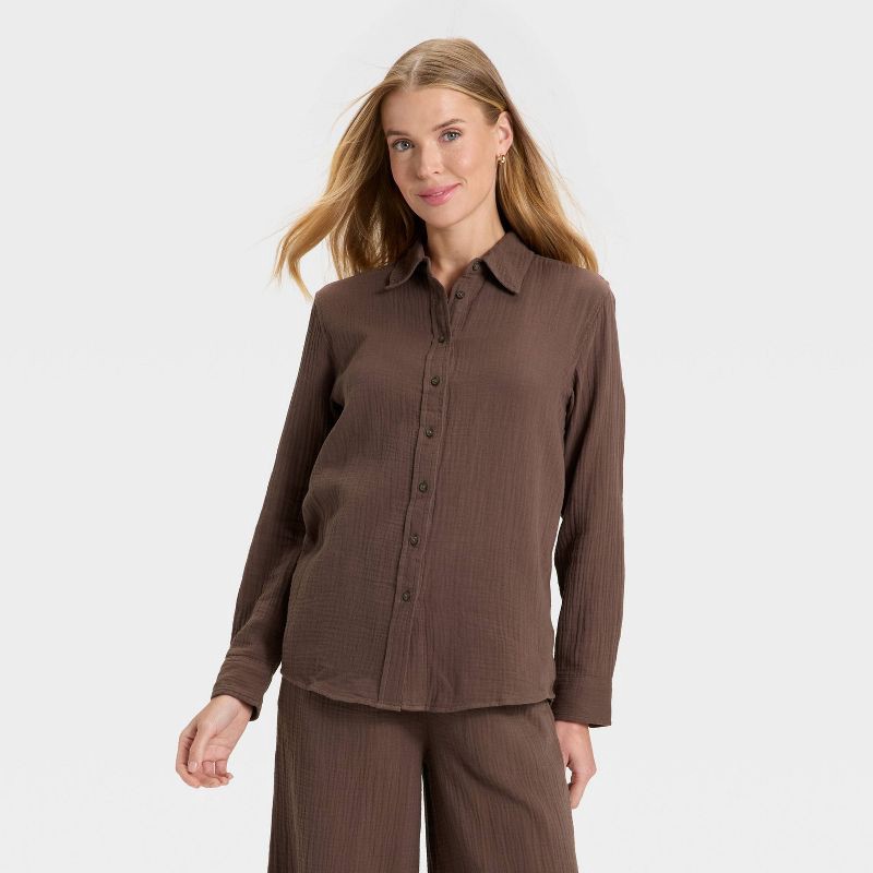 slide 1 of 3, Women's Long Sleeve Gauze Collared Button-Down Shirt - Universal Thread™ Brown M, 1 ct