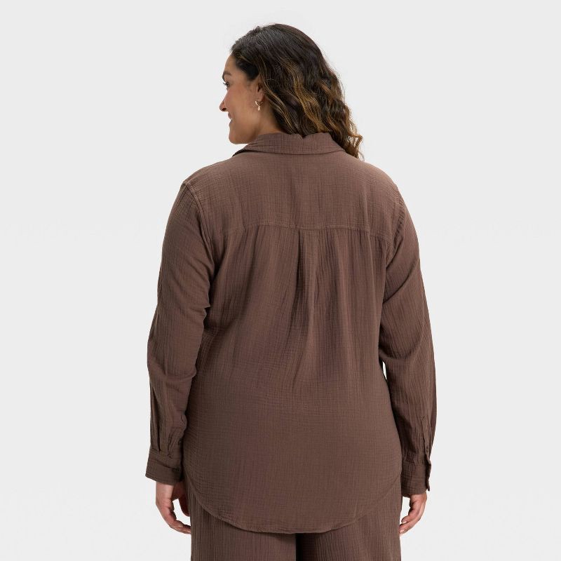 slide 3 of 3, Women's Long Sleeve Gauze Collared Button-Down Shirt - Universal Thread™ Brown XXL, 1 ct
