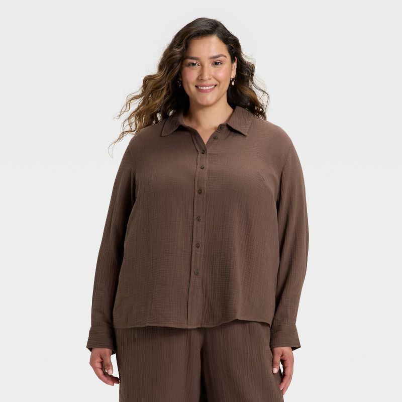 slide 1 of 3, Women's Long Sleeve Gauze Collared Button-Down Shirt - Universal Thread™ Brown XXL, 1 ct