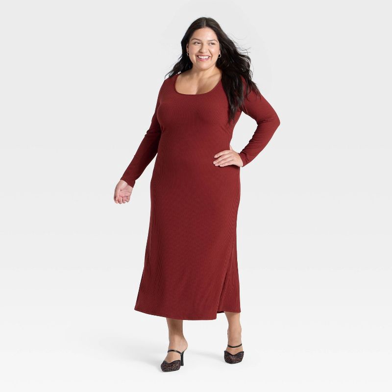 slide 3 of 3, Women's Long Sleeve Rib-Knit Maxi Dress - A New Day™ Maroon XXL, 1 ct