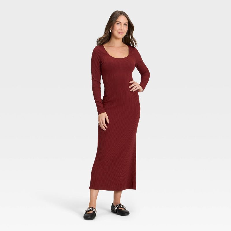 slide 3 of 3, Women's Long Sleeve Rib-Knit Maxi Dress - A New Day™ Maroon M, 1 ct