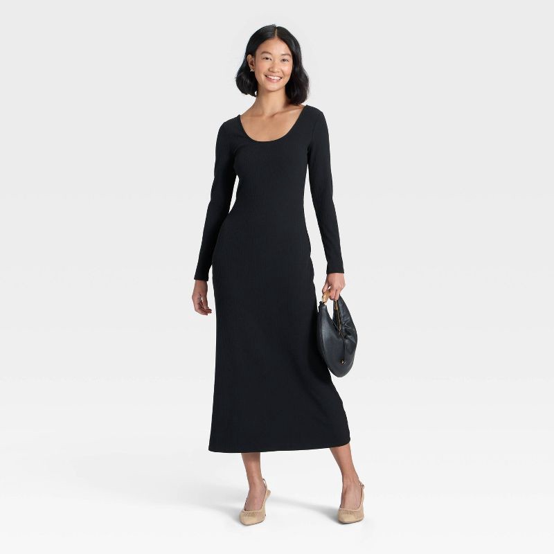 slide 3 of 3, Women's Long Sleeve Rib-Knit Maxi Dress - A New Day™ Black L, 1 ct