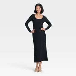 Women's Long Sleeve Rib-Knit Maxi Dress - A New Day™ Black L