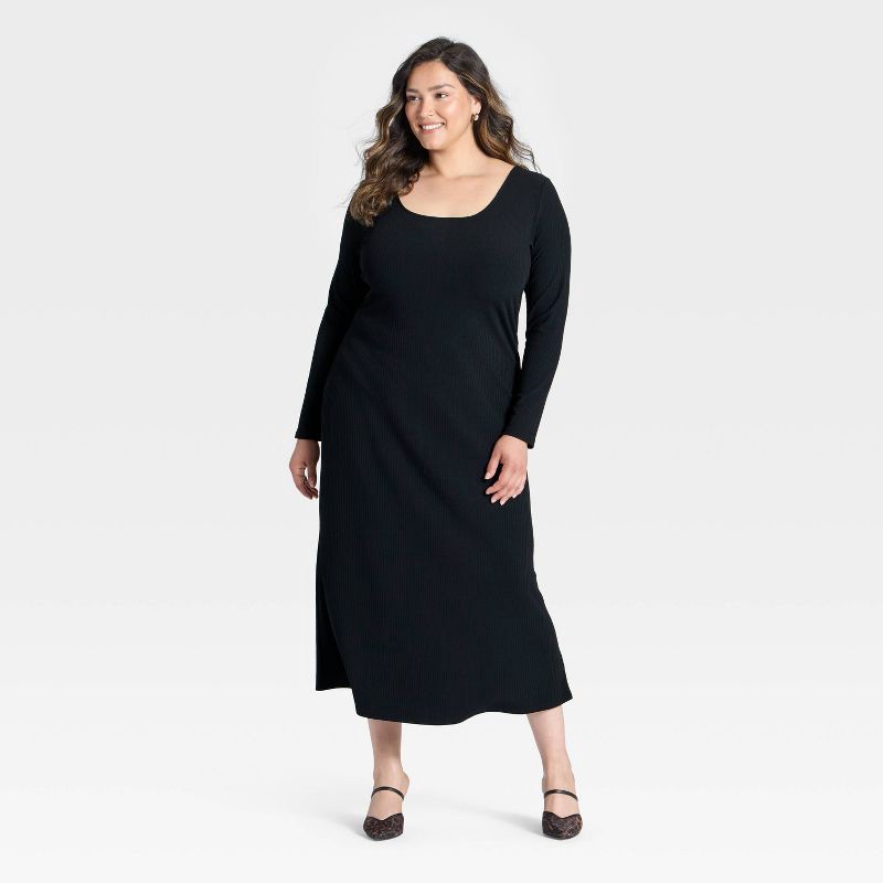 slide 3 of 3, Women's Long Sleeve Rib-Knit Maxi Dress - A New Day™ Black XXL, 1 ct