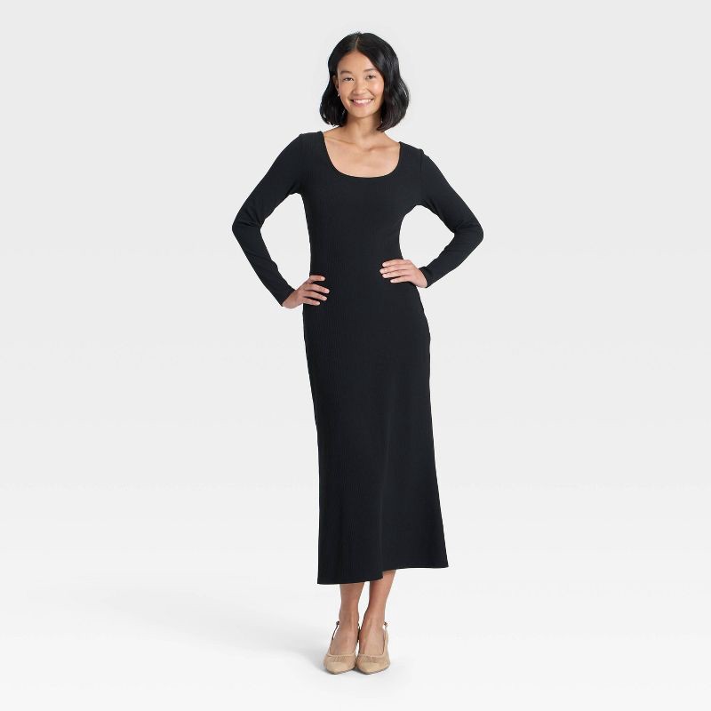 slide 1 of 3, Women's Long Sleeve Rib-Knit Maxi Dress - A New Day™ Black XL, 1 ct