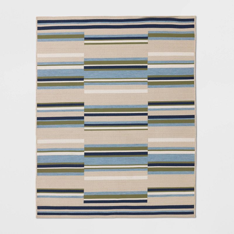 slide 1 of 4, 5'x7' Linen Striped Rectangular Woven Outdoor Area Rug Blue - Threshold™, 1 ct